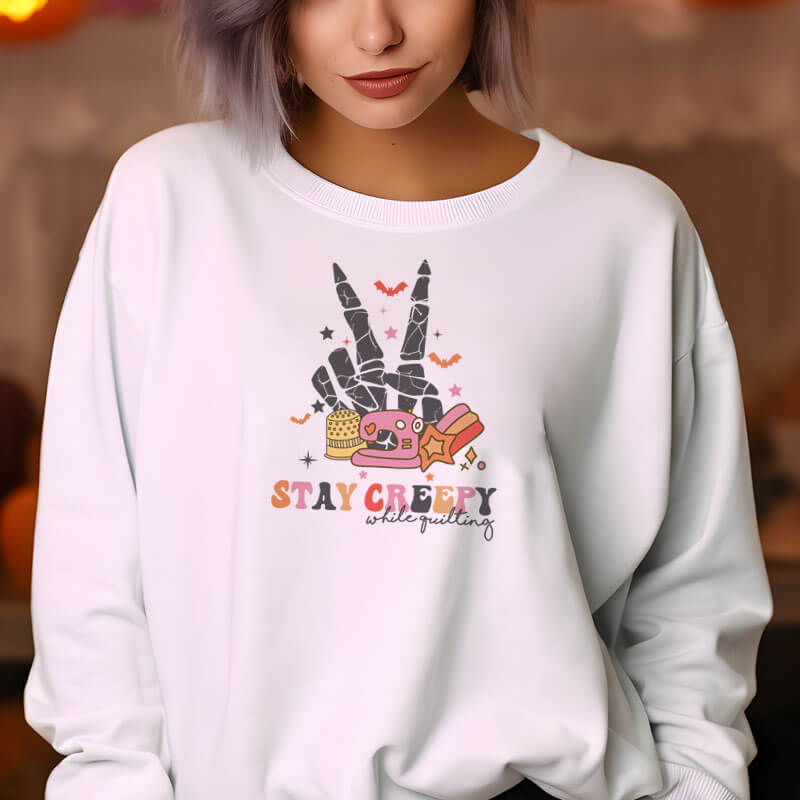 Stay-Creepy-While-Quilting-White-Sweatshirt