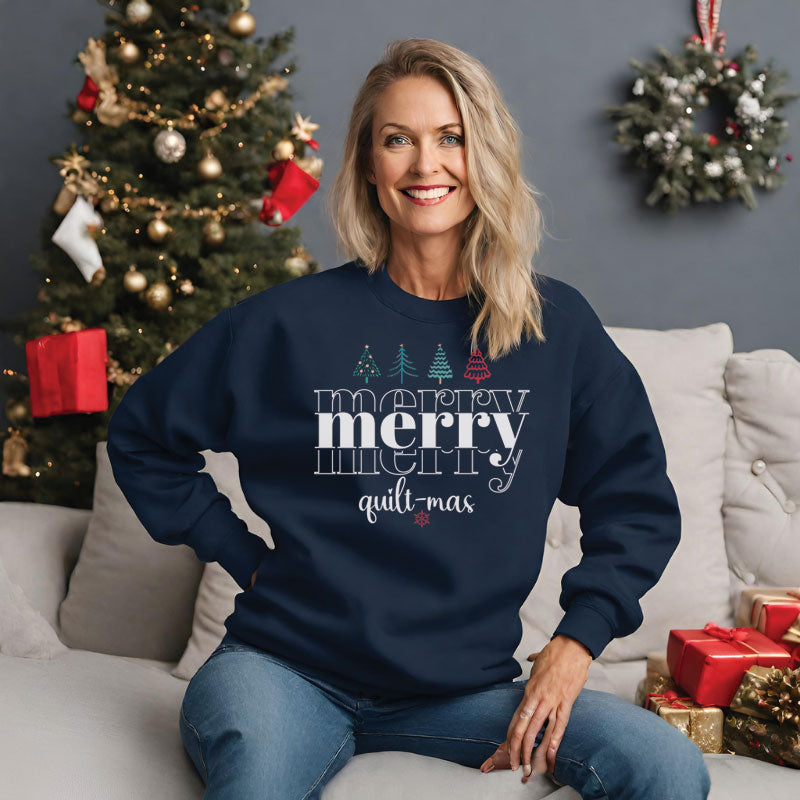 Merry-QuiltMas-Trees-White-Gildan-Sweatshirt-Navy-Woman