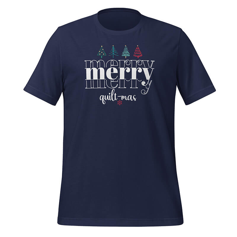 Merry-QuiltMas-Trees-White-Bella-Canvas-Navy-TShir
